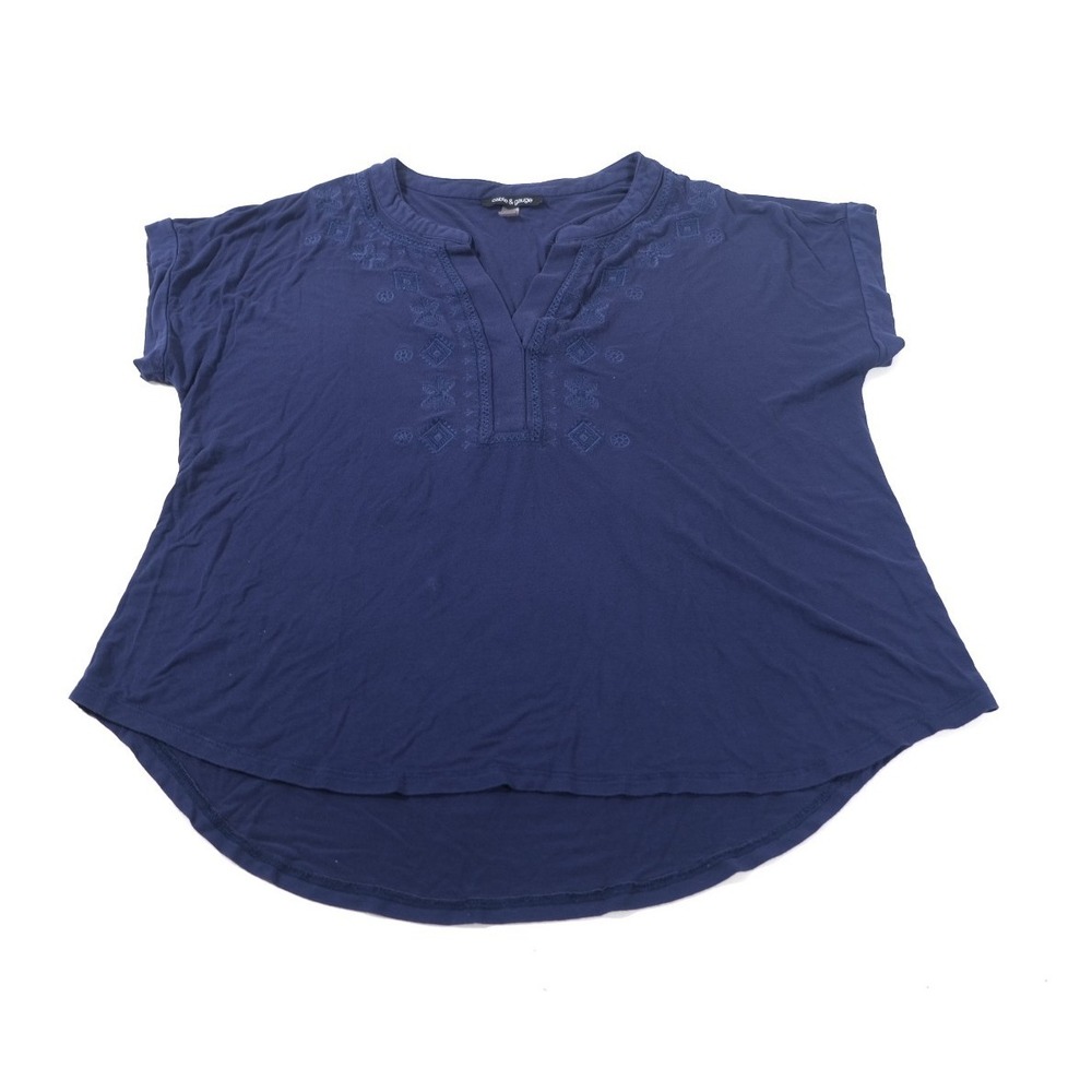 Cable & Gauge Top Women L Blue V-Neck Embroidered Cap Sleeve High-Low Hem